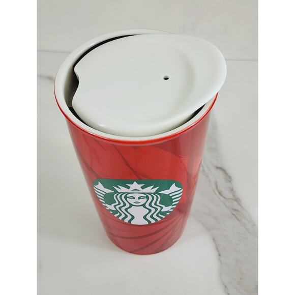 Starbucks Red Tall Travel Coffee Mug Tumbler Holiday 12oz Ceramic 6" Double Wall - Picture 2 of 14
